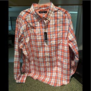 Orange blue white button up long sleeve shirt